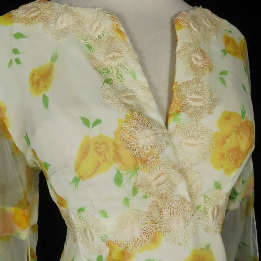 Vintage 70s Yellow Rose Floral Long Split Sleeves Empire Waist Maxi Dress L XL - Picture 9 of 16